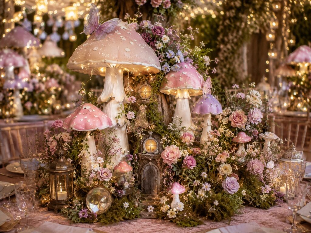 Create a Toadstool and Mushroom Centerpiece Display for  fairy birthday party ideas