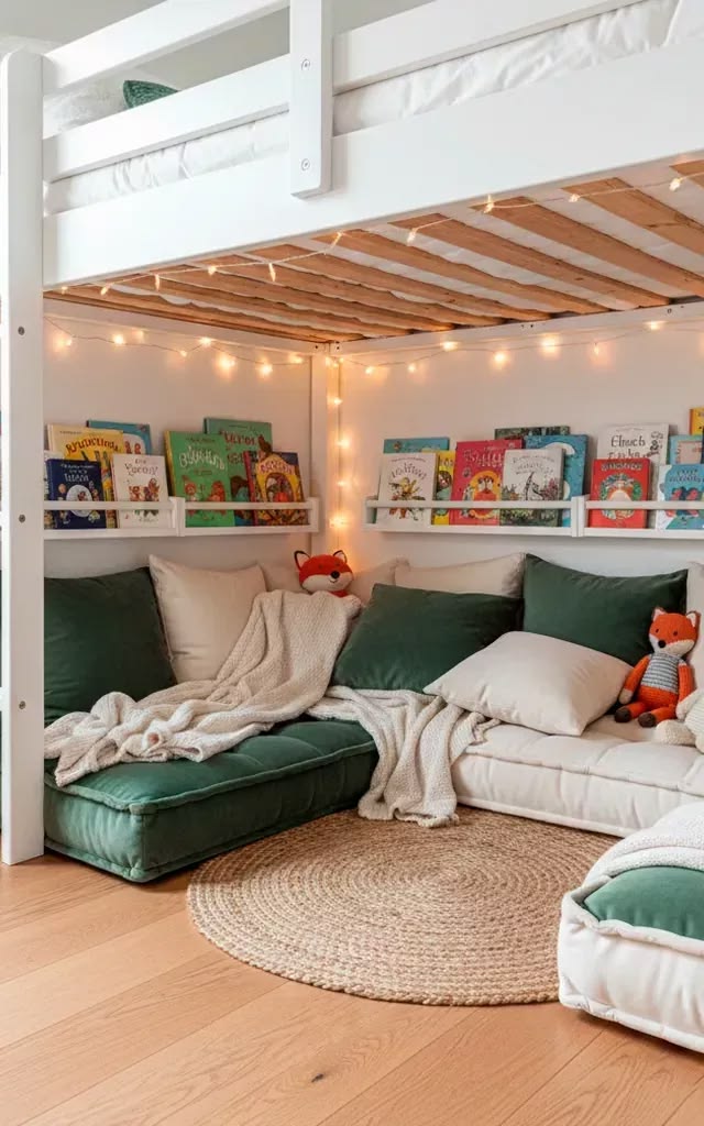 Cozy loft bed reading nook