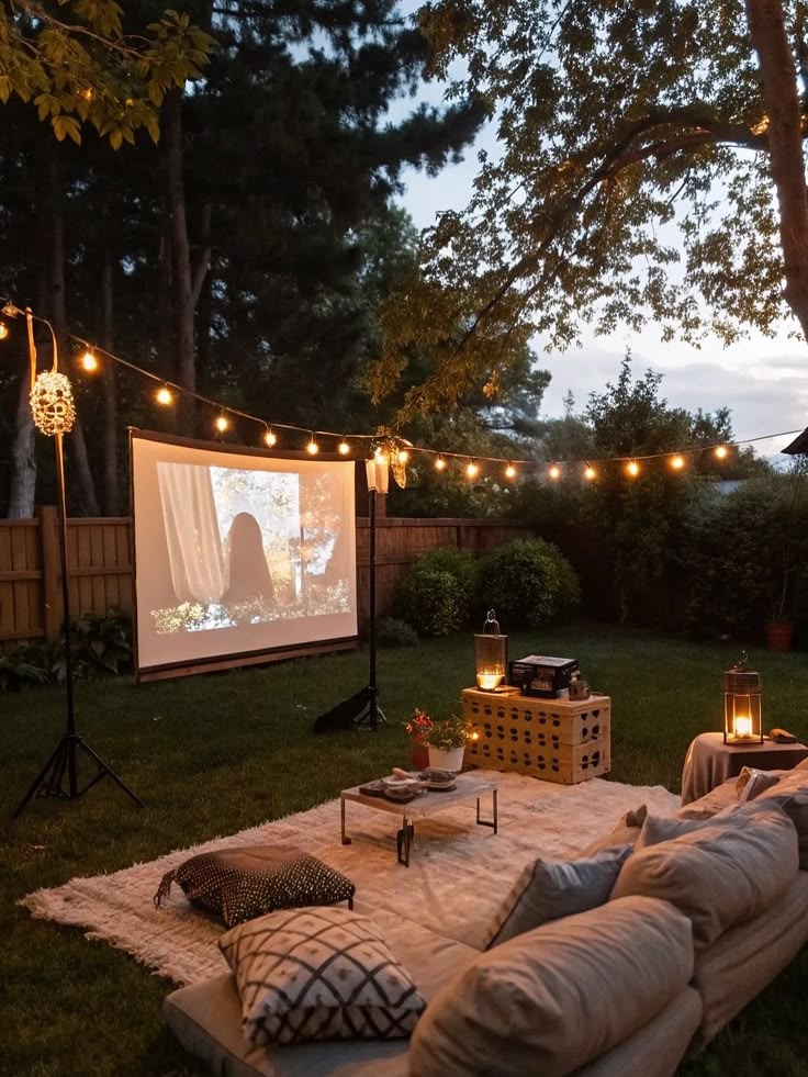 Family backyard movie setup