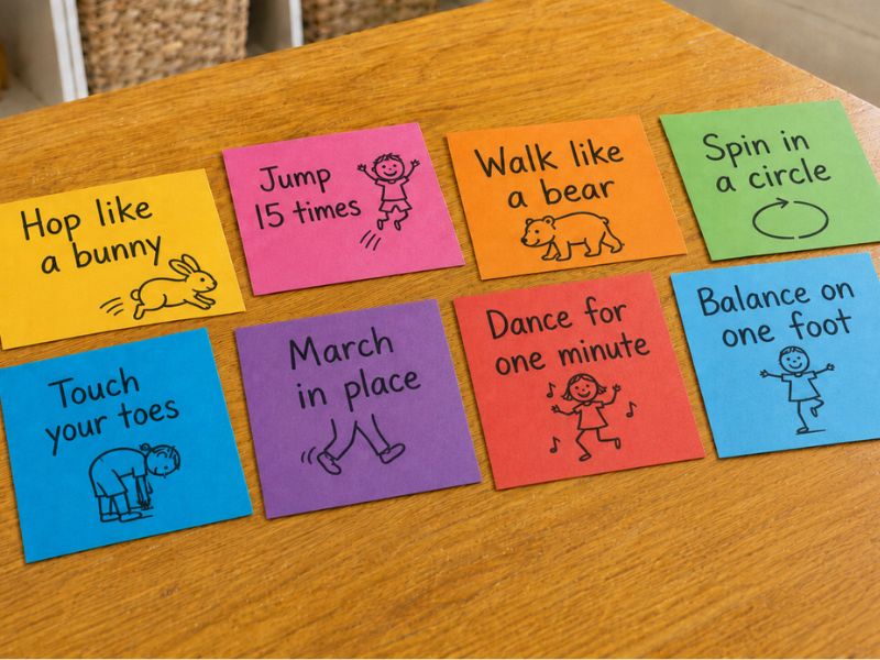 Make the Cards Strong Enough to Last

Children will probably use these cards many times each week.

A little extra protection helps them stay in good condition.

If you have a laminator, laminate every card after decorating.

If not, cover both sides with wide clear packing tape.

Trim away the extra tape around the edges.

Another simple option is gluing each card onto thicker cardstock before decorating.

Stronger cards bend less, tear less, and survive many more movement breaks.

They are also easier for small hands to hold.