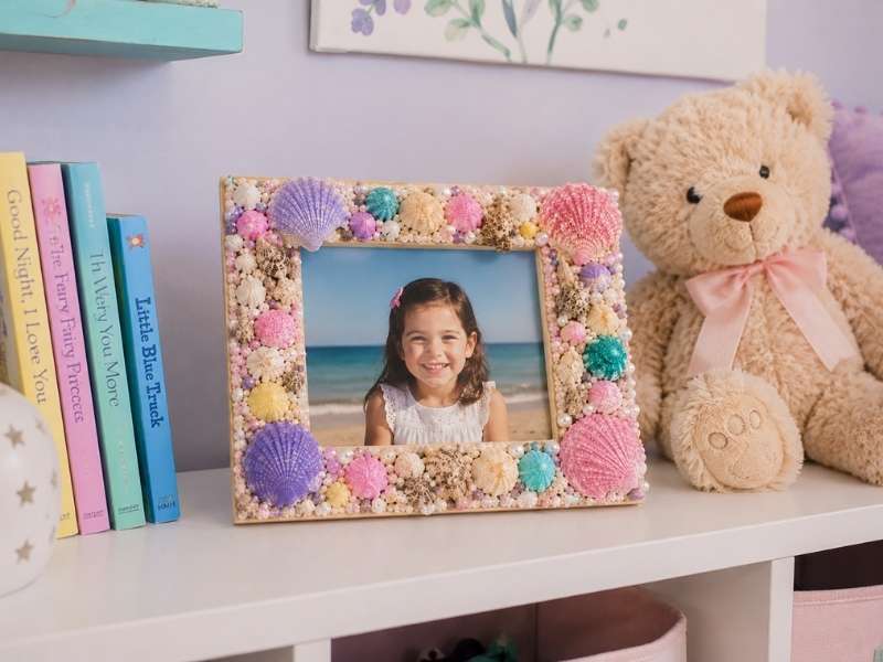 Seashell photo frame on a Bedroom Shelf