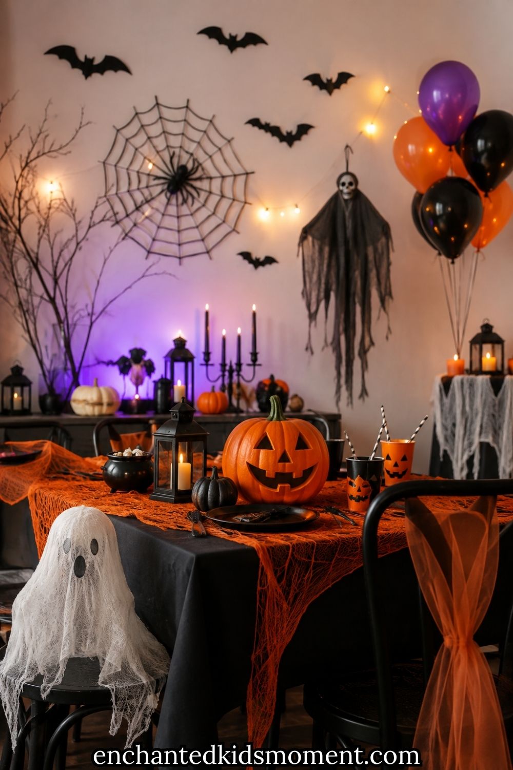 35 Spooky Halloween Party Decorations That Instantly Wow Kids. create a 1000 by 1500 featured image for the topic. no writing on it. not too clustered.